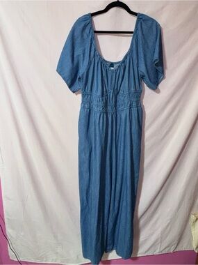 Old Navy Light Blue Denim-Style Maxi Jumpsuit with Puff Sleeves